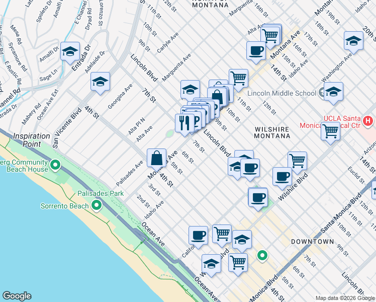 map of restaurants, bars, coffee shops, grocery stores, and more near 817 6th Street in Santa Monica