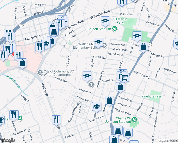 map of restaurants, bars, coffee shops, grocery stores, and more near 2353 Lang Court in Columbia