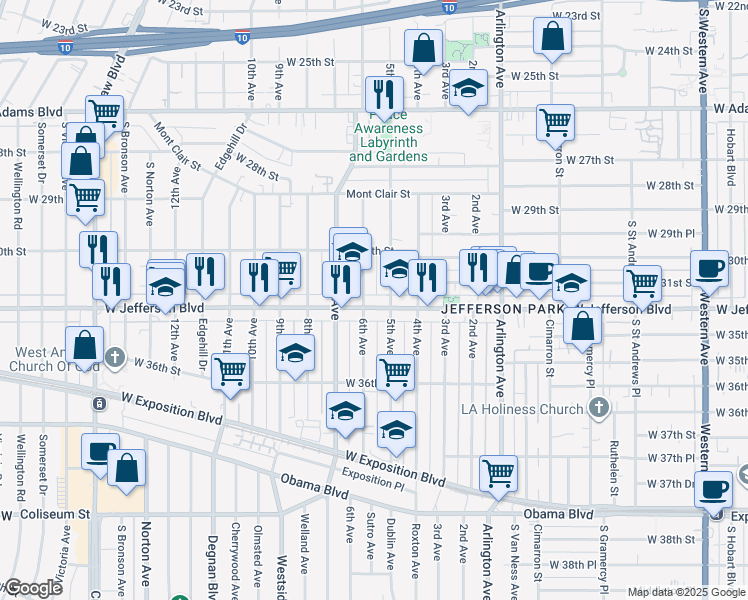 map of restaurants, bars, coffee shops, grocery stores, and more near 2519 West Jefferson Boulevard in Los Angeles