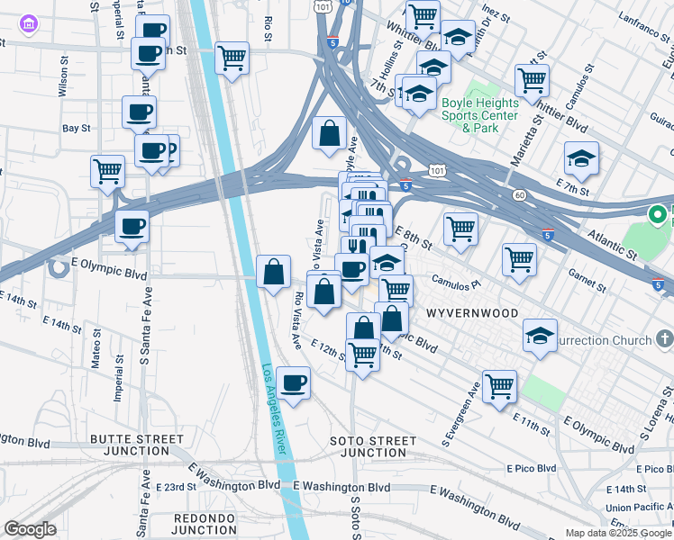 map of restaurants, bars, coffee shops, grocery stores, and more near 1311 S Boyle Ave in Los Angeles