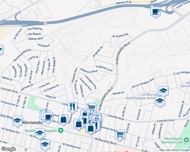 map of restaurants, bars, coffee shops, grocery stores, and more near 926 West Alfred Place in Montebello