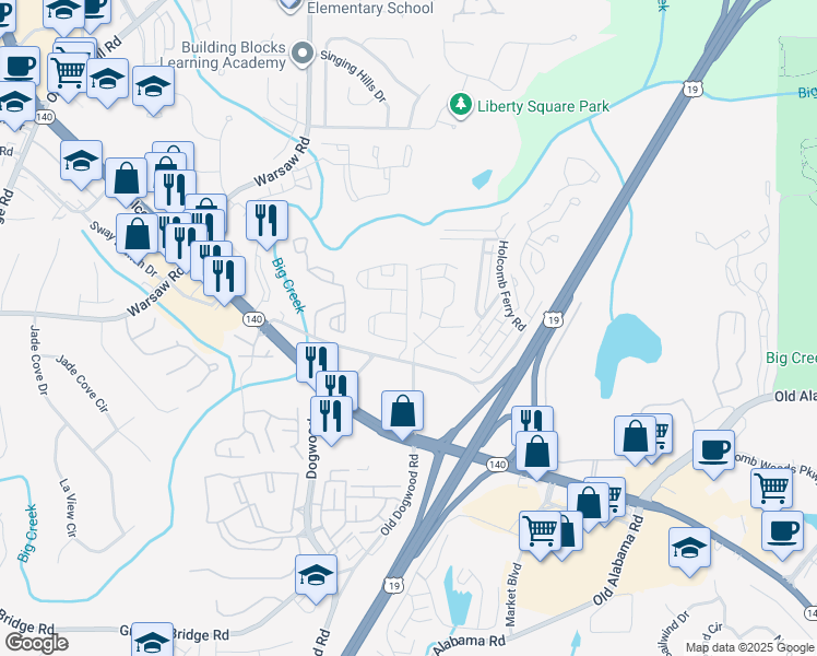 map of restaurants, bars, coffee shops, grocery stores, and more near 838 Wood Creek Drive in Roswell