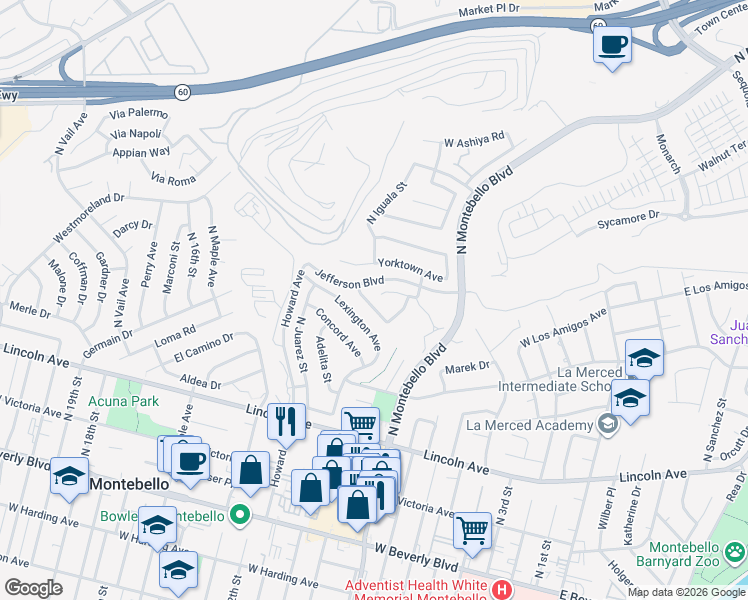 map of restaurants, bars, coffee shops, grocery stores, and more near 926 West Alfred Place in Montebello