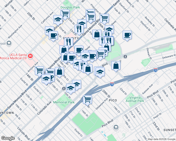 map of restaurants, bars, coffee shops, grocery stores, and more near 2100 Colorado Avenue in Santa Monica