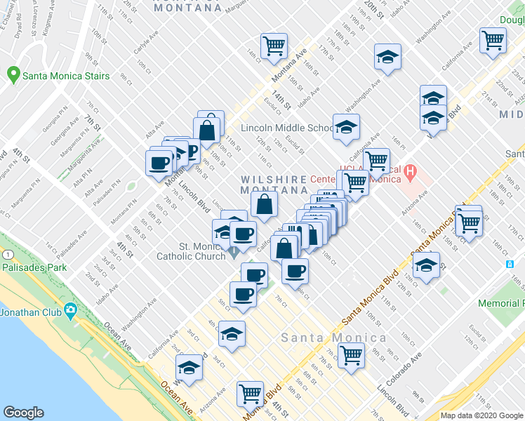 map of restaurants, bars, coffee shops, grocery stores, and more near 1020 10th Street in Santa Monica