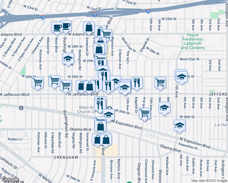 map of restaurants, bars, coffee shops, grocery stores, and more near 3423 W Jefferson Blvd in Los Angeles