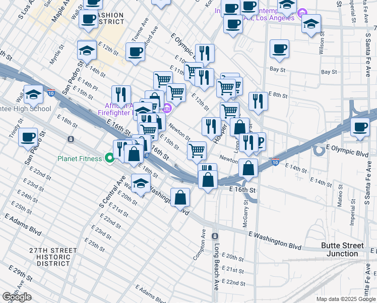 map of restaurants, bars, coffee shops, grocery stores, and more near 1400 Newton Street in Los Angeles