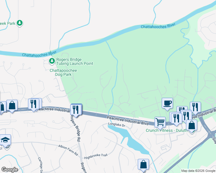 map of restaurants, bars, coffee shops, grocery stores, and more near 3989 Bennigan Lane in Duluth