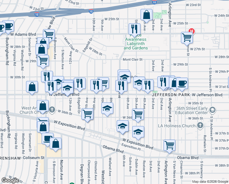 map of restaurants, bars, coffee shops, grocery stores, and more near 3115 8th Avenue in Los Angeles