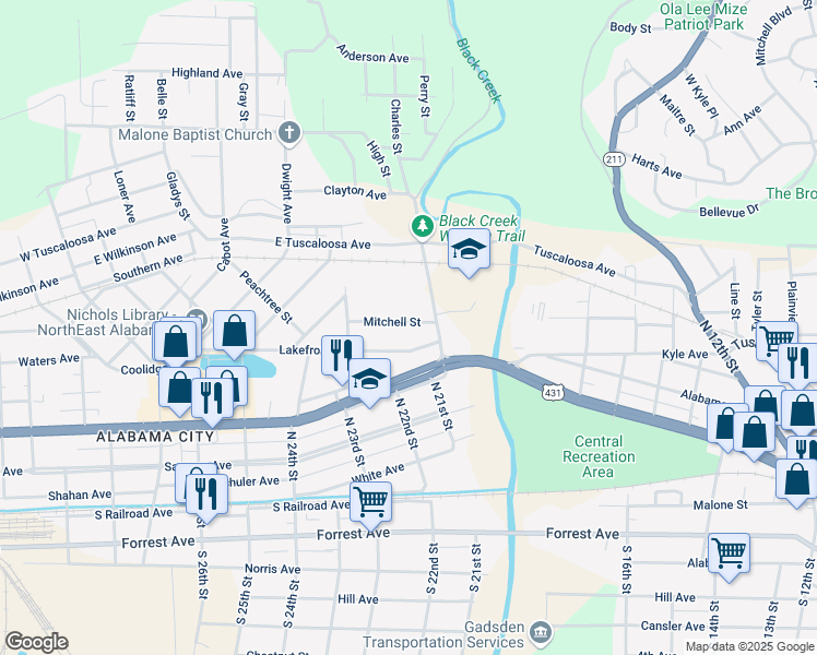 map of restaurants, bars, coffee shops, grocery stores, and more near 27 Mitchell Street in Gadsden