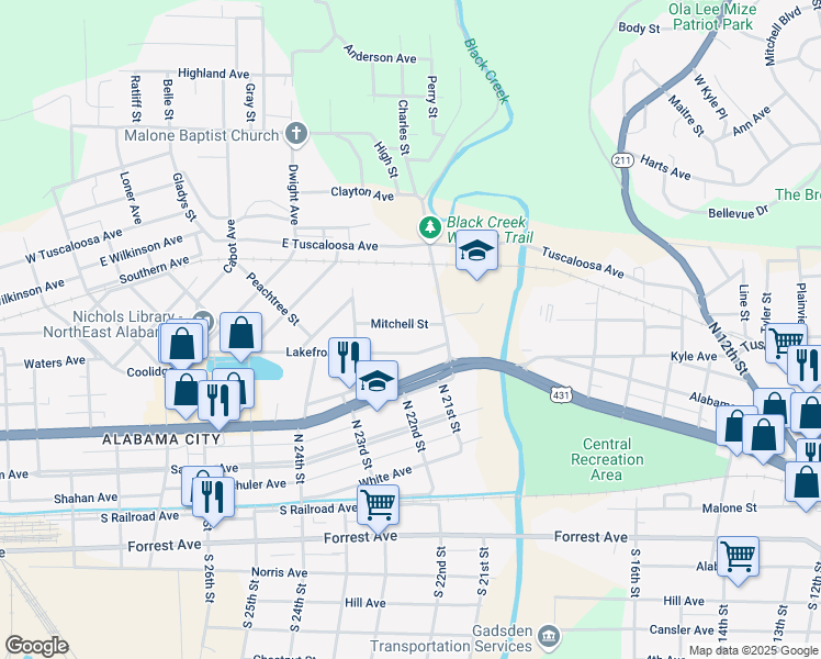 map of restaurants, bars, coffee shops, grocery stores, and more near 27 Mitchell Street in Gadsden