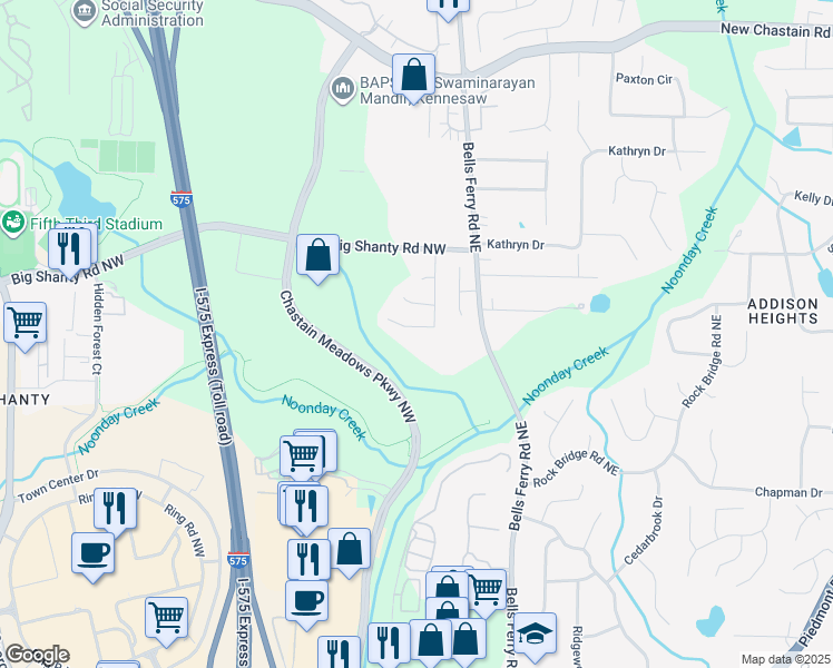 map of restaurants, bars, coffee shops, grocery stores, and more near 3118 Big Shanty Trail in Marietta