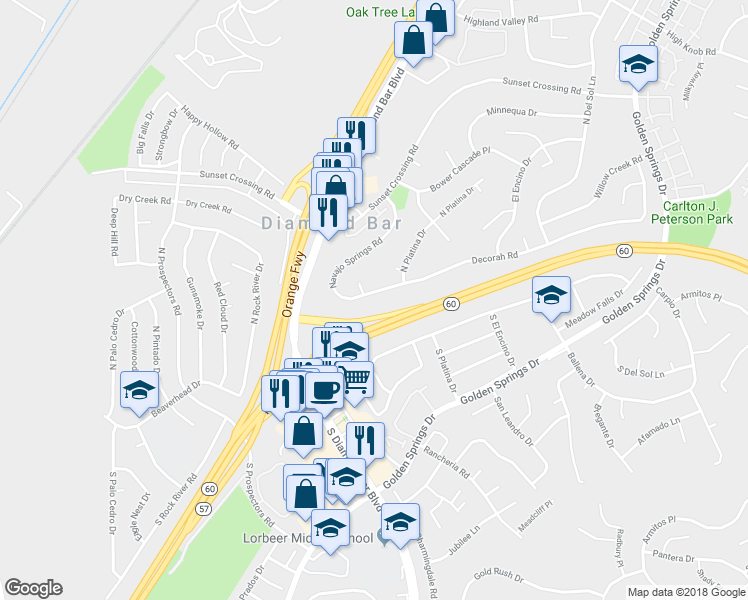 map of restaurants, bars, coffee shops, grocery stores, and more near 23608 Decorah Road in Diamond Bar