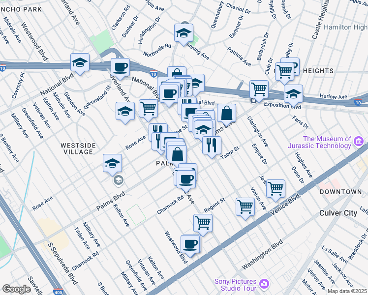 map of restaurants, bars, coffee shops, grocery stores, and more near 3445 Mentone Avenue in Los Angeles