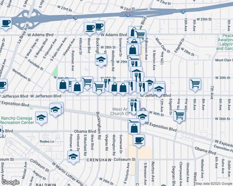 map of restaurants, bars, coffee shops, grocery stores, and more near 3821 West Jefferson Boulevard in Los Angeles