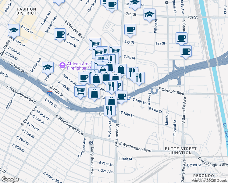 map of restaurants, bars, coffee shops, grocery stores, and more near 1250 Long Beach Avenue in Los Angeles