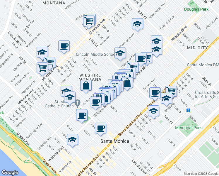 map of restaurants, bars, coffee shops, grocery stores, and more near 1124 12th Street in Santa Monica