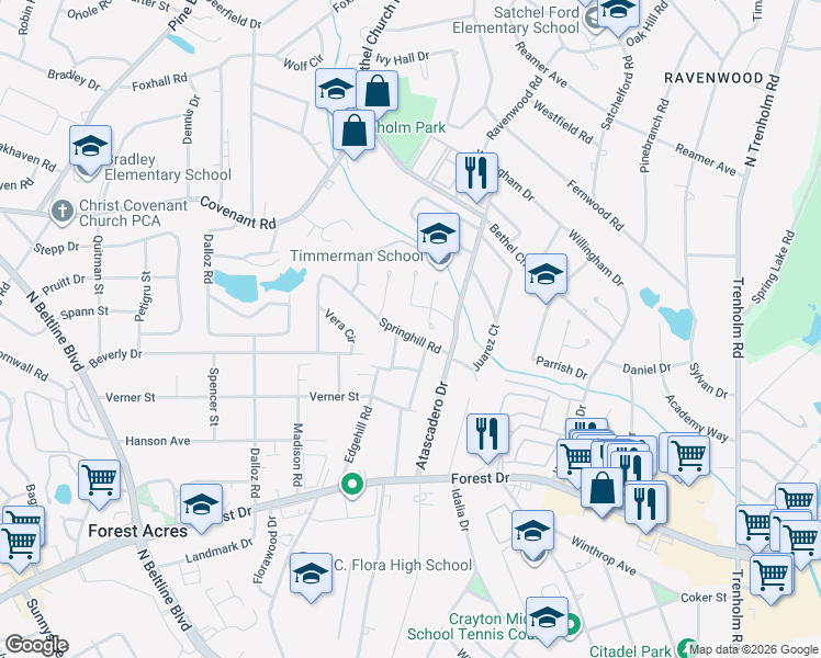 map of restaurants, bars, coffee shops, grocery stores, and more near 4109 Springhill Road in Columbia