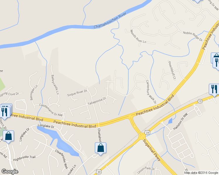 map of restaurants, bars, coffee shops, grocery stores, and more near 2102 Tallapoosa Drive in Duluth