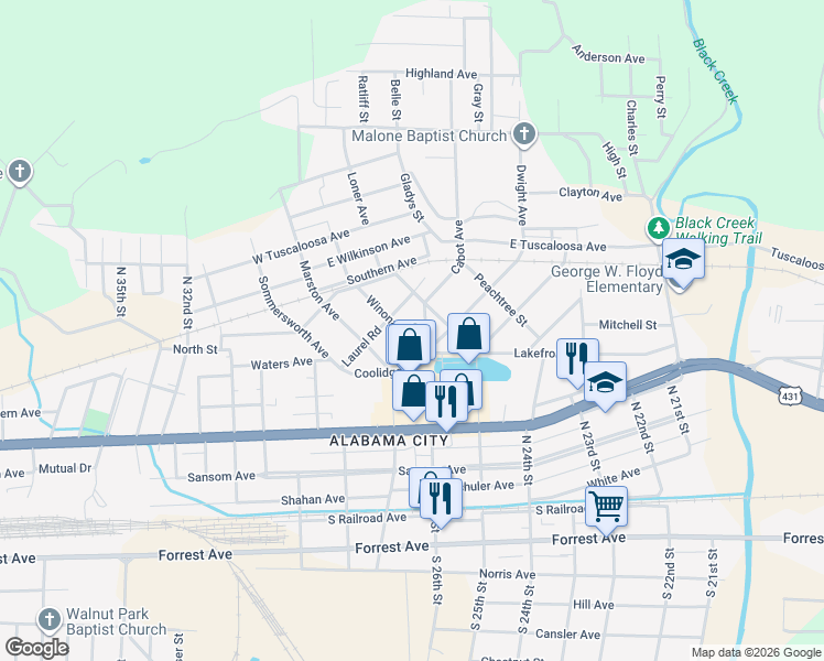 map of restaurants, bars, coffee shops, grocery stores, and more near 3 Winona Ave in Gadsden