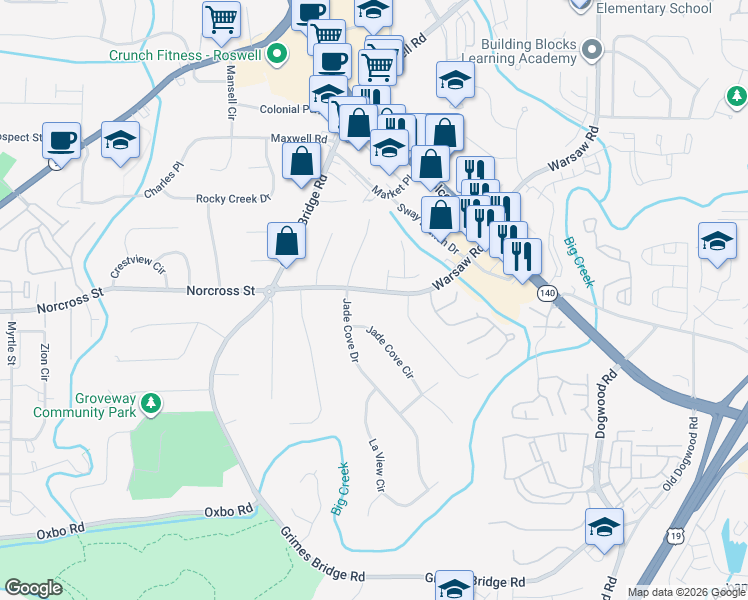 map of restaurants, bars, coffee shops, grocery stores, and more near 735 Warsaw Road in Roswell