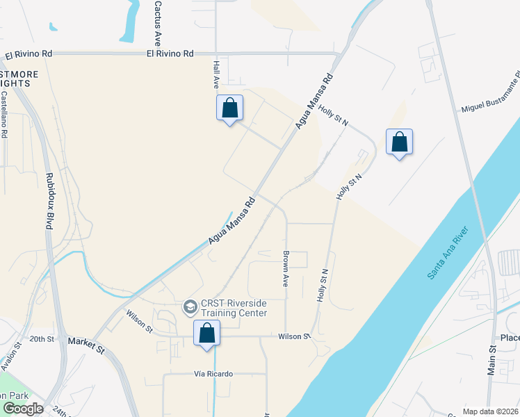 map of restaurants, bars, coffee shops, grocery stores, and more near 1555 Brown Avenue in Riverside