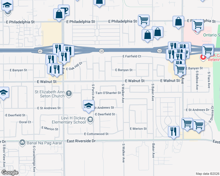 map of restaurants, bars, coffee shops, grocery stores, and more near 2620 South Lassen Avenue in Ontario