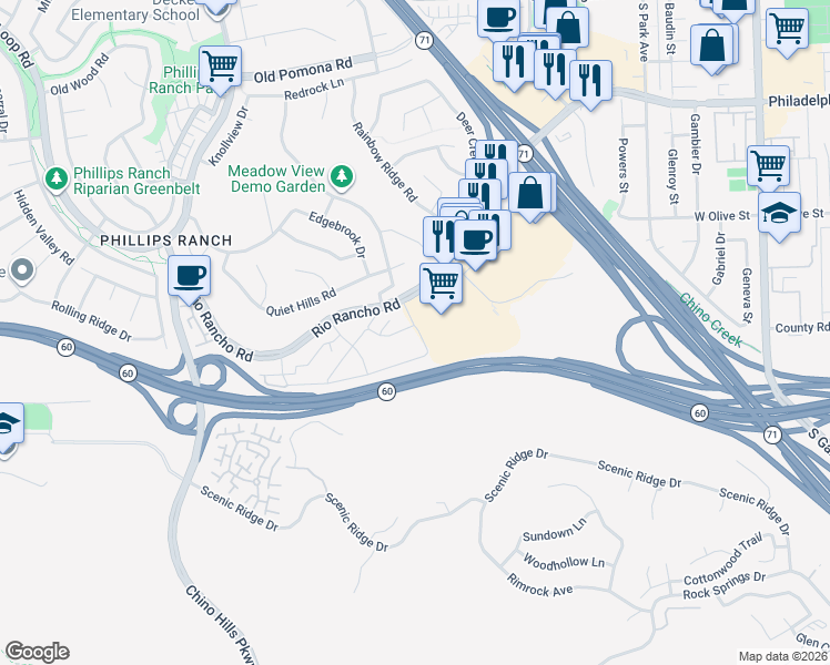 map of restaurants, bars, coffee shops, grocery stores, and more near 51 Country Mile Road in Pomona