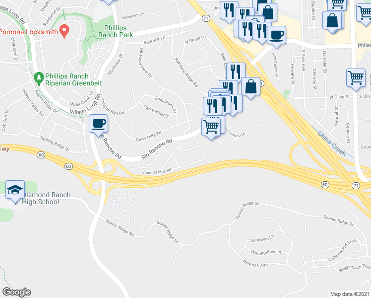 map of restaurants, bars, coffee shops, grocery stores, and more near 63 Carriage Way in Pomona