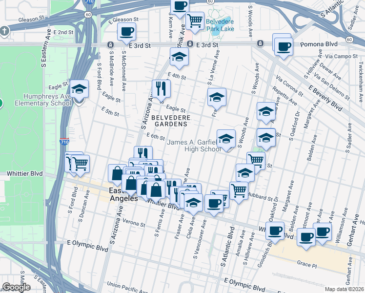 map of restaurants, bars, coffee shops, grocery stores, and more near 611 South Ferris Avenue in East Los Angeles
