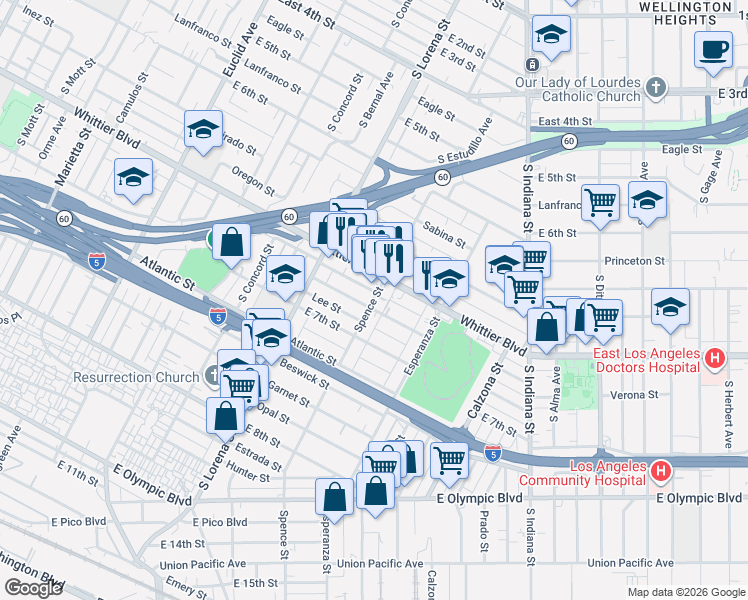 map of restaurants, bars, coffee shops, grocery stores, and more near 914 Spence Street in Los Angeles