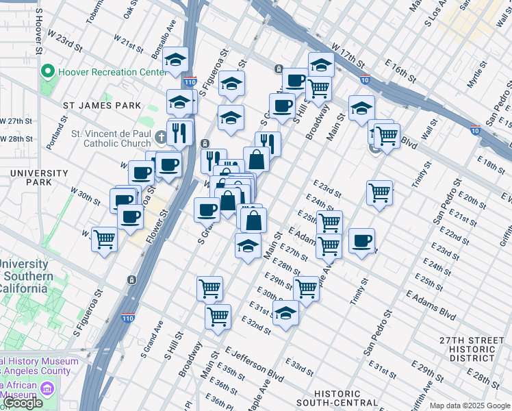 map of restaurants, bars, coffee shops, grocery stores, and more near 2540 South Hill Street in Los Angeles