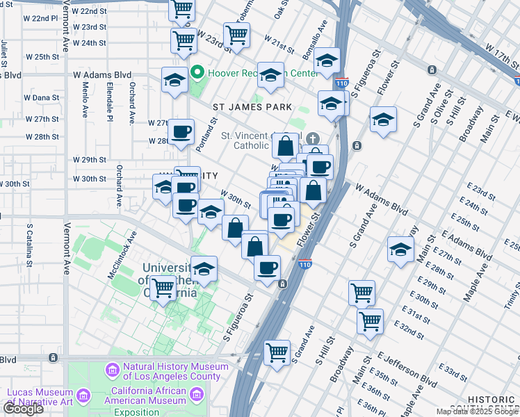 map of restaurants, bars, coffee shops, grocery stores, and more near 649-655 3/4 West 30th Street in Los Angeles