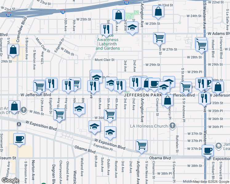 map of restaurants, bars, coffee shops, grocery stores, and more near 3111 4th Avenue in Los Angeles