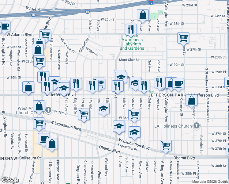 map of restaurants, bars, coffee shops, grocery stores, and more near in Los Angeles