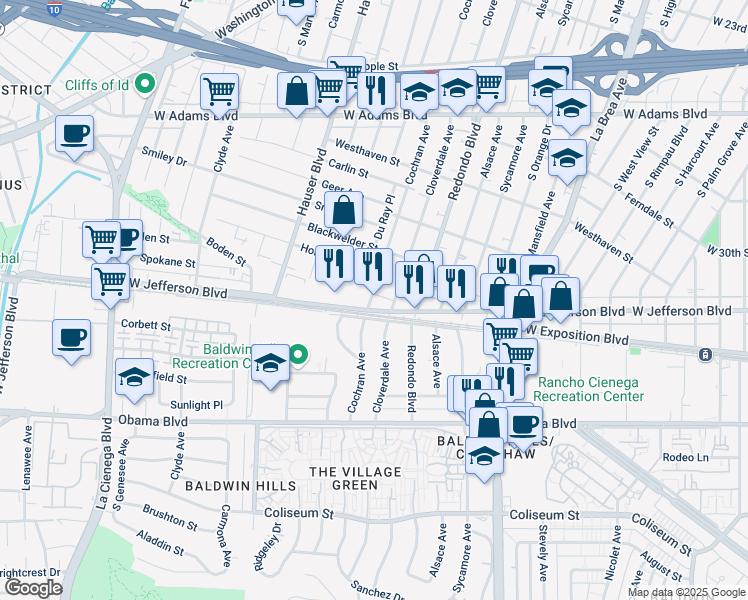map of restaurants, bars, coffee shops, grocery stores, and more near 5271 West Jefferson Boulevard in Los Angeles