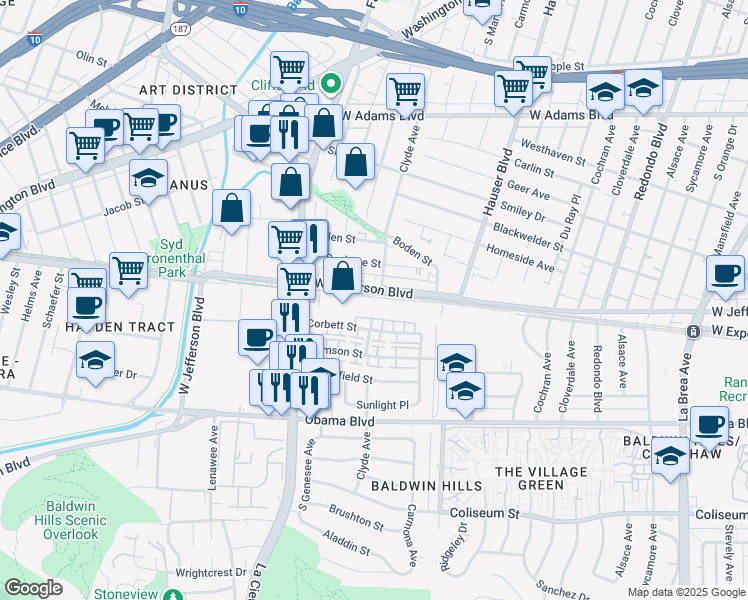 map of restaurants, bars, coffee shops, grocery stores, and more near 5722 West Jefferson Boulevard in Los Angeles