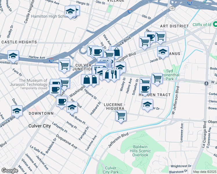 map of restaurants, bars, coffee shops, grocery stores, and more near 8885 Carson Street in Culver City