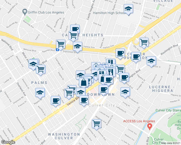 map of restaurants, bars, coffee shops, grocery stores, and more near 3730 Watseka Avenue in Los Angeles