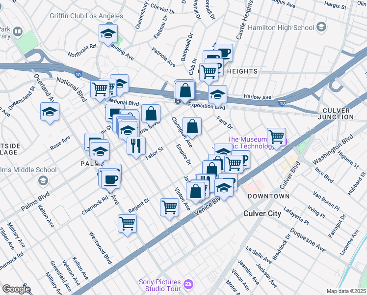 map of restaurants, bars, coffee shops, grocery stores, and more near 3619 Empire Drive in Los Angeles