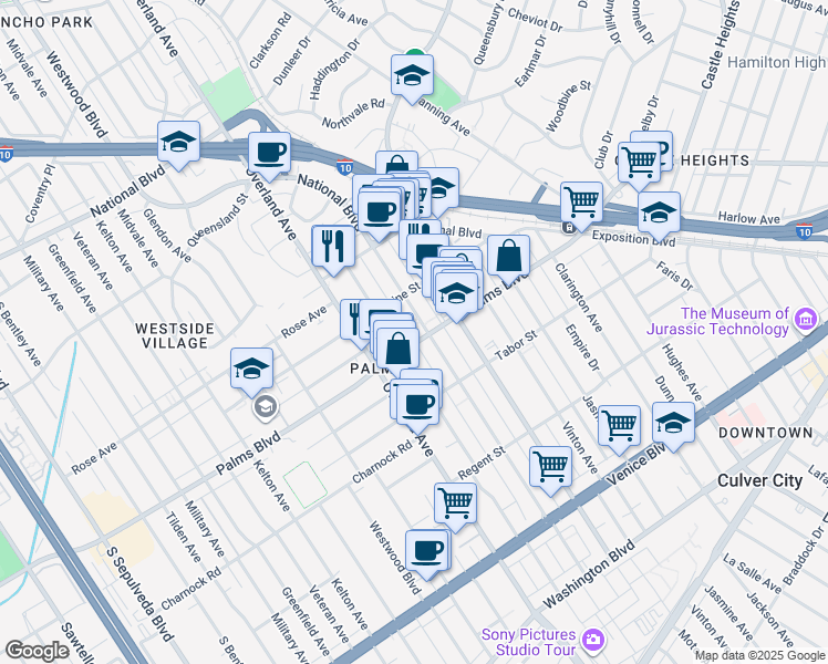map of restaurants, bars, coffee shops, grocery stores, and more near 10509 Palms Boulevard in Los Angeles