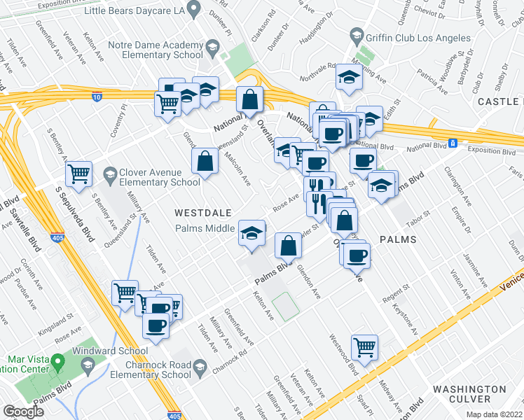 map of restaurants, bars, coffee shops, grocery stores, and more near 10777 Rose Avenue in Los Angeles