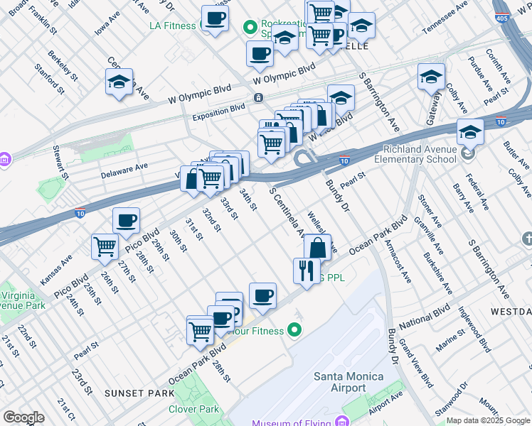 map of restaurants, bars, coffee shops, grocery stores, and more near 2449 South Centinela Avenue in Santa Monica