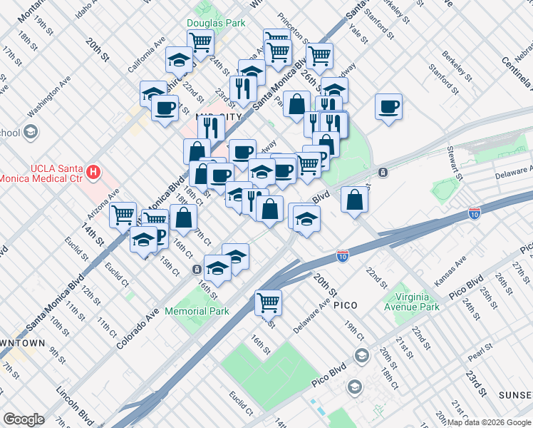 map of restaurants, bars, coffee shops, grocery stores, and more near 2100 Colorado Avenue in Santa Monica