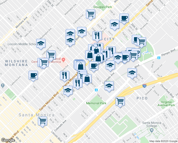 map of restaurants, bars, coffee shops, grocery stores, and more near 1427 17th Street in Santa Monica