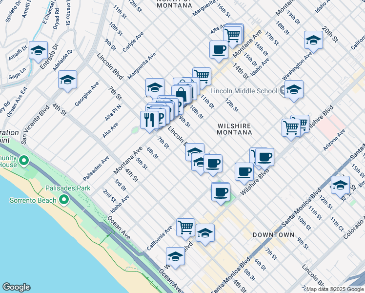 map of restaurants, bars, coffee shops, grocery stores, and more near in Santa Monica