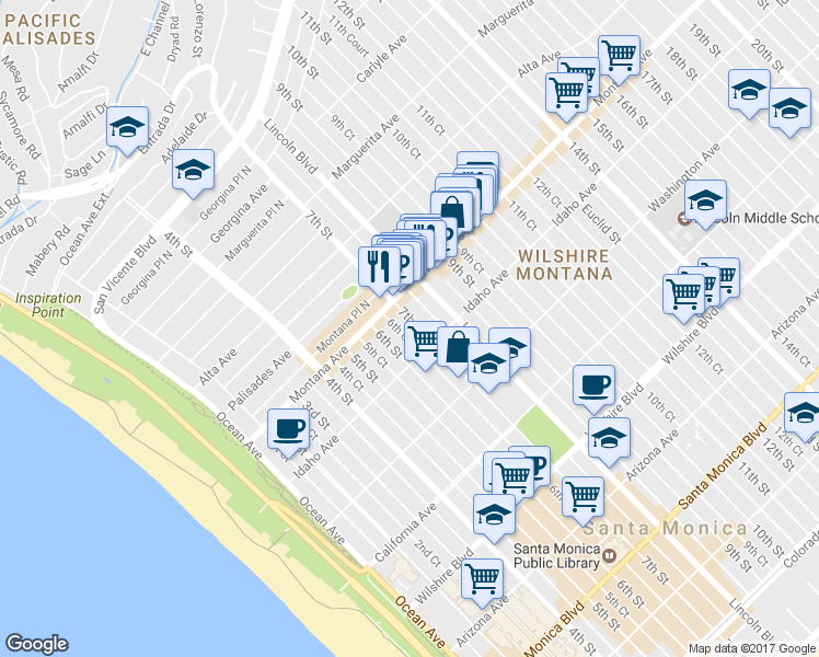 map of restaurants, bars, coffee shops, grocery stores, and more near 822 7th Street in Santa Monica