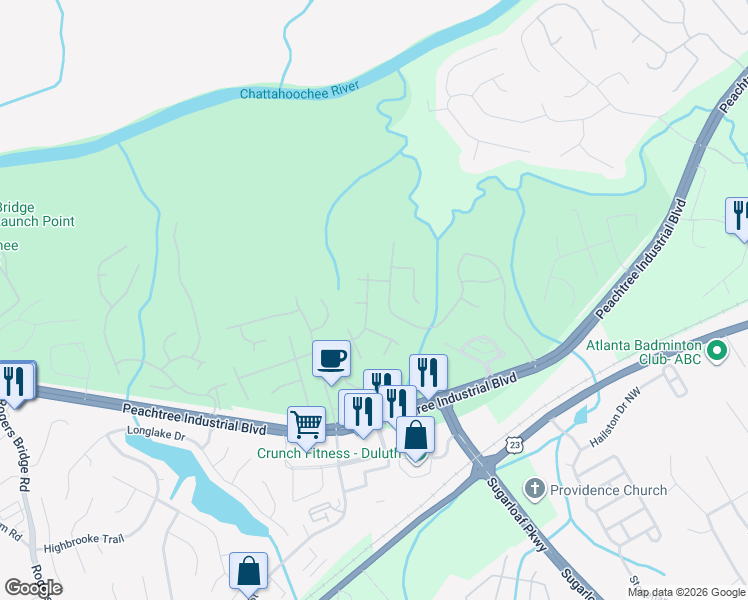 map of restaurants, bars, coffee shops, grocery stores, and more near 2102 Tallapoosa Drive in Duluth