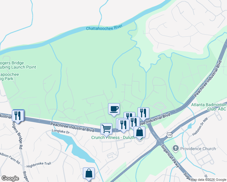 map of restaurants, bars, coffee shops, grocery stores, and more near 2335 Black Rock Drive in Duluth