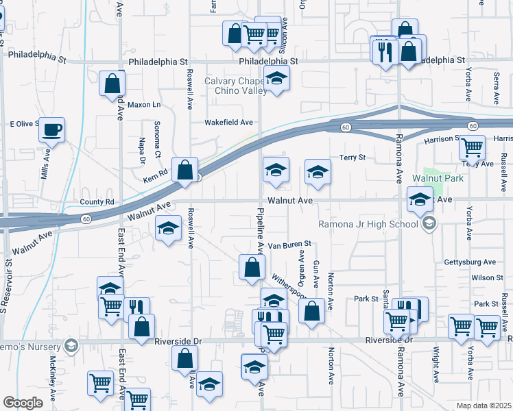 map of restaurants, bars, coffee shops, grocery stores, and more near 4099 Walnut Avenue in Chino